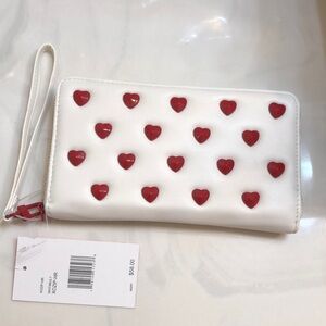 Betsey Johnson White Faux Leather & Red Heart Studded ZA Continental Wallet NWT